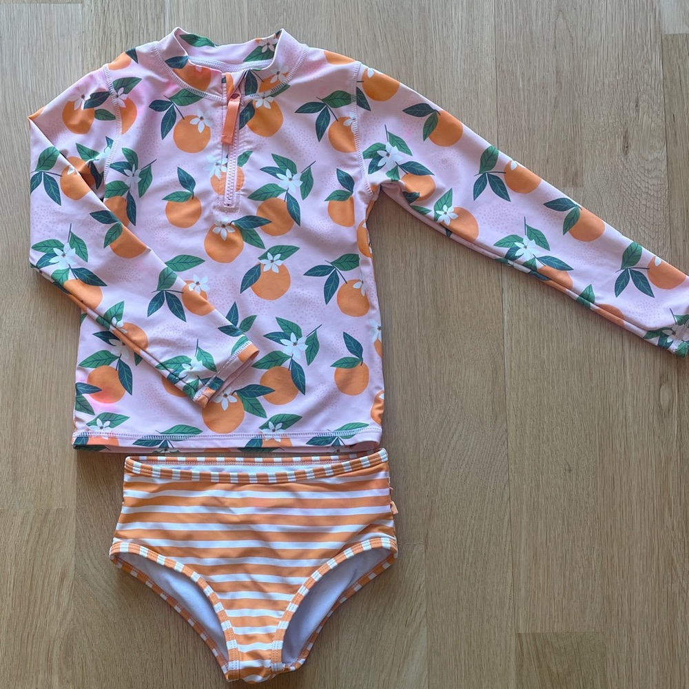 Ruffle Butts Orange and Pink Kids Swim Rashguard Set